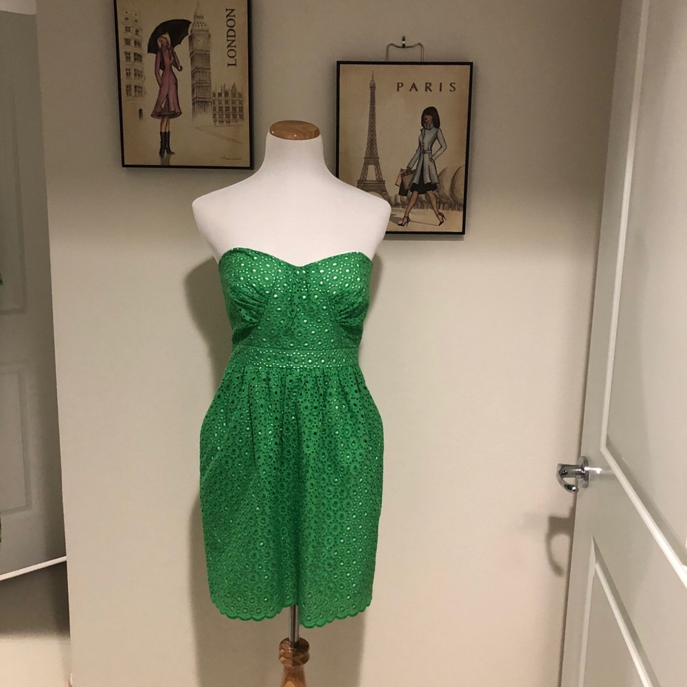 Shoshanna Green Eyelet Strapless Dress. 4